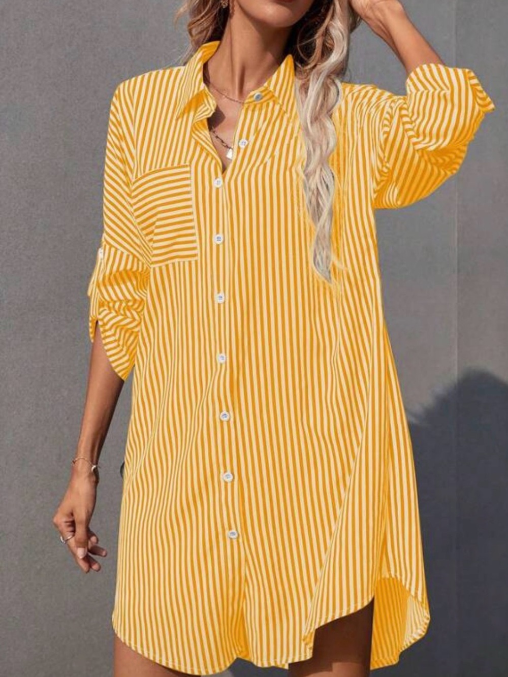 SHEIN Yellow & White Vertical Stripe Button Down Tunic